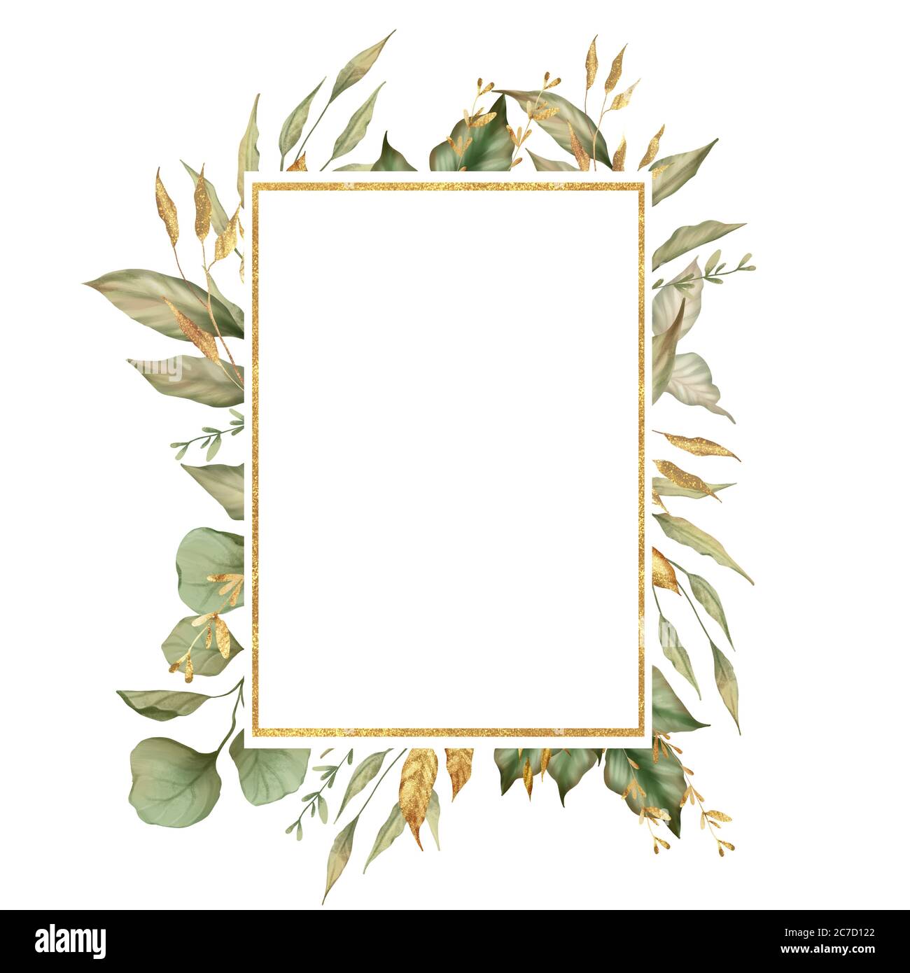 Watercolor green leaves and gold frame Stock Photo - Alamy