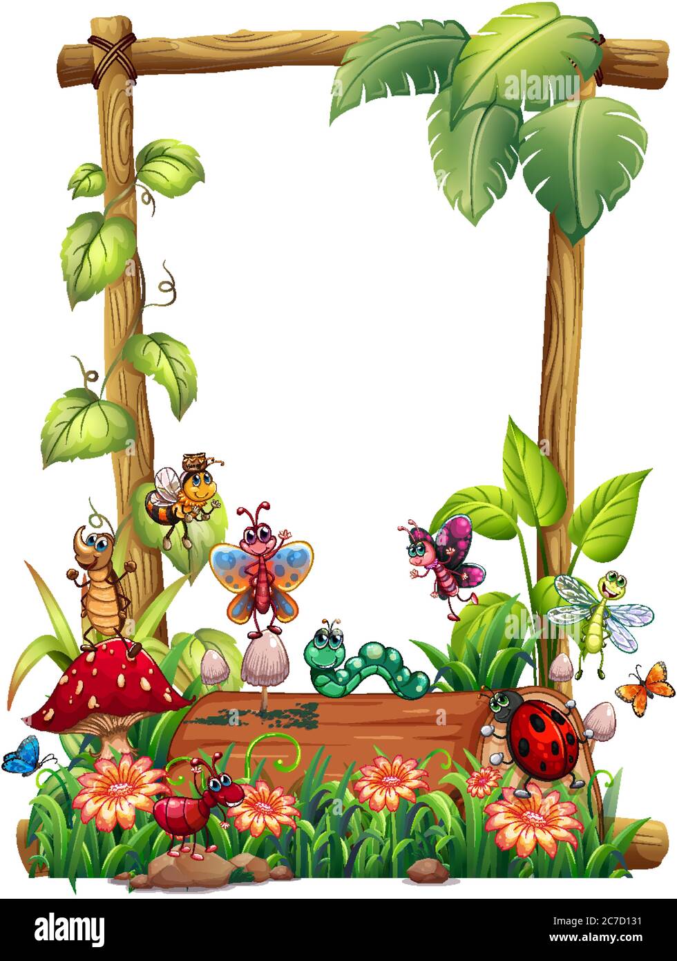 Blank wood frame template with animal garden set isolated illustration ...