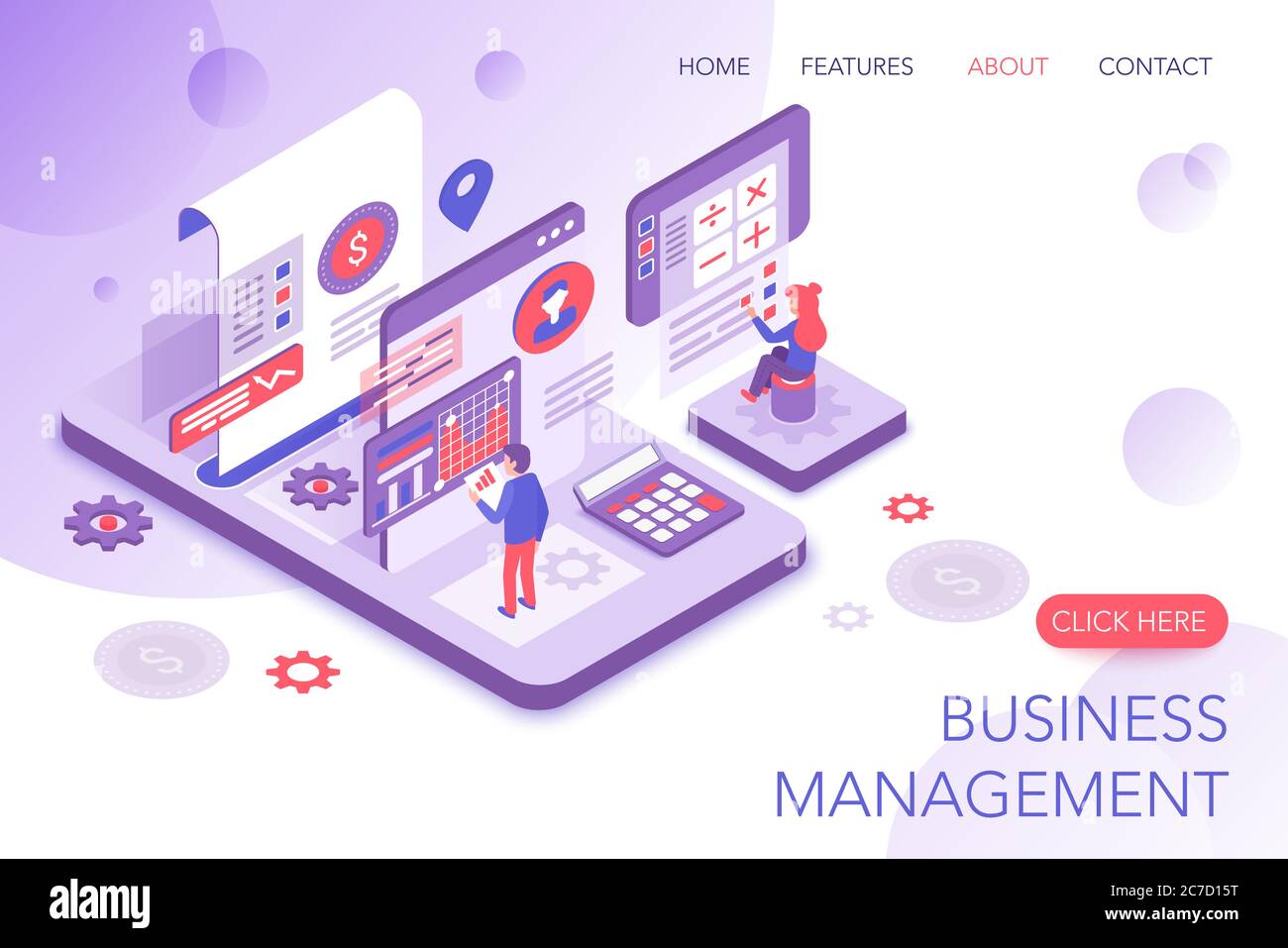 Financial management, corporate statistics, business marketing modern 3d isometric vector landing page template. People interacting with virtual screen charts and analyzing statistics Stock Vector