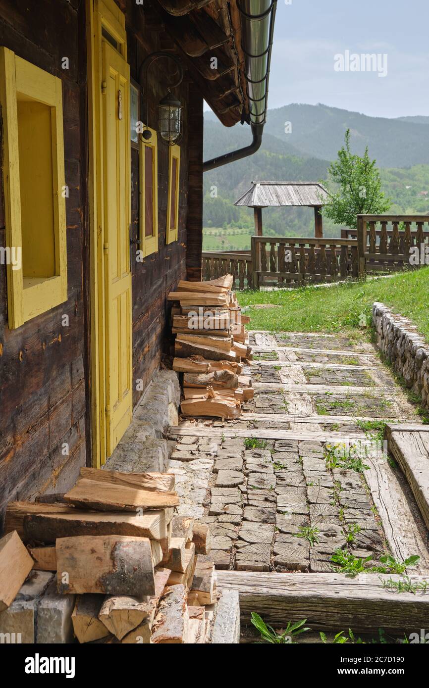 Drvengrad, Serbia - Wooden houses in traditional village built by Emir Kusturica Stock Photo