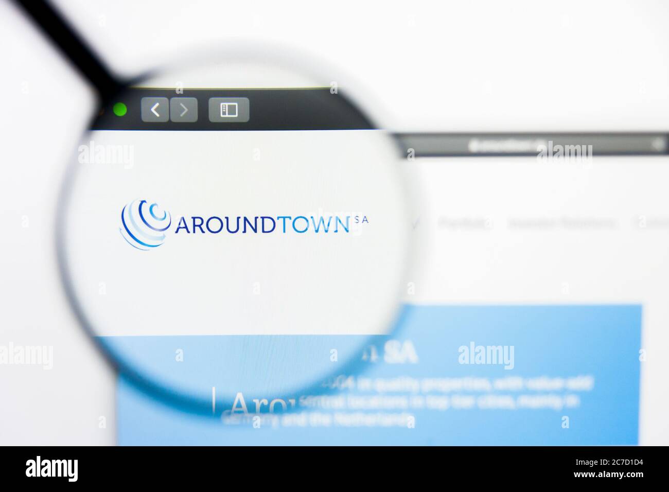 Los Angeles, California, USA - 25 March 2019: Illustrative Editorial of Aroundtown website homepage. Aroundtown logo visible on display screen. Stock Photo