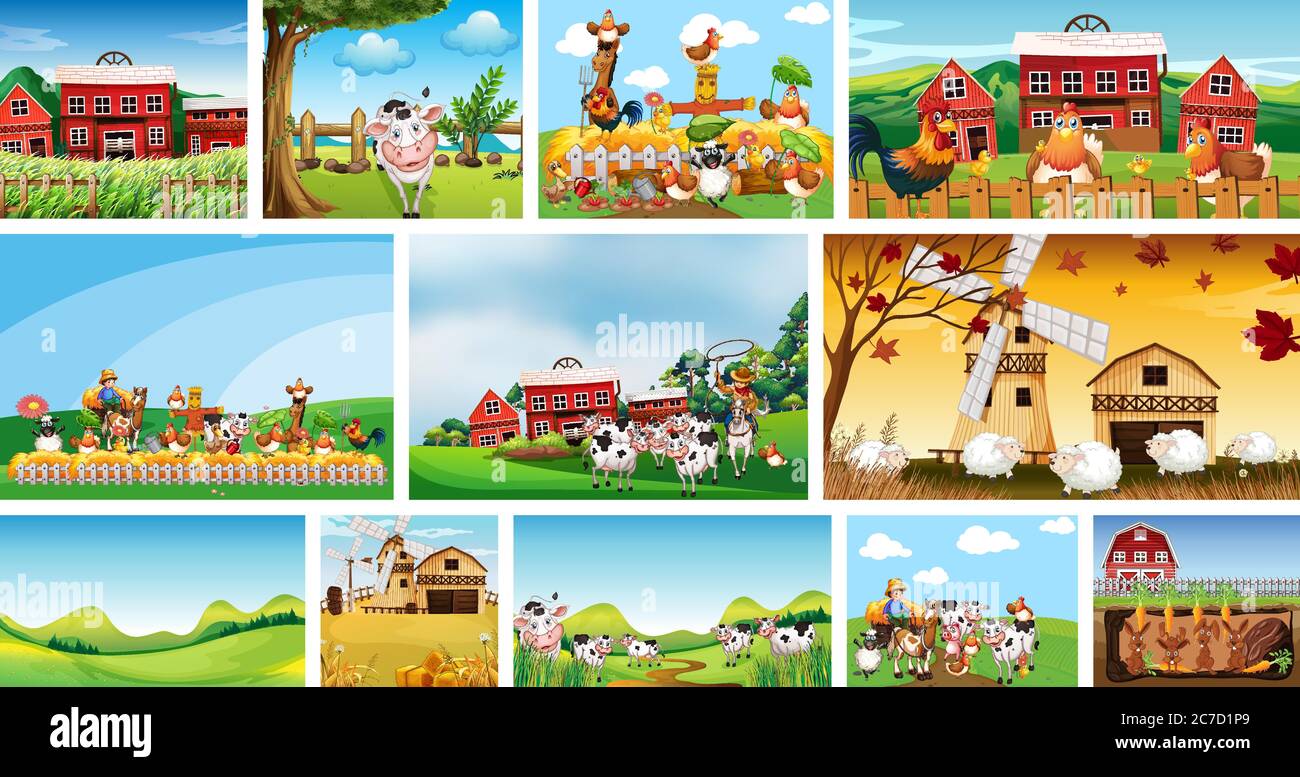 Set of different farm scenes with animal farm cartoon style ...
