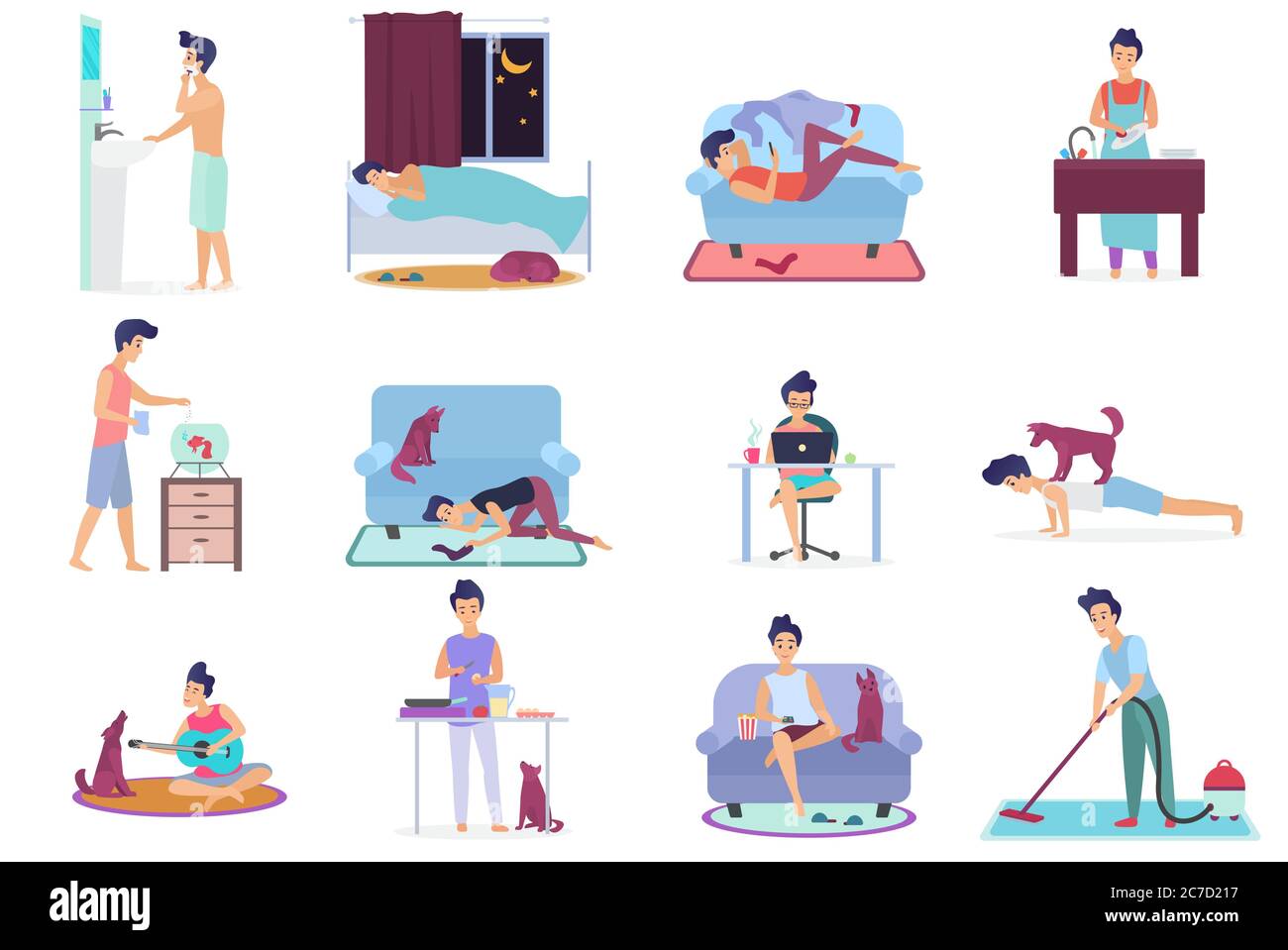 Daily life, everyday routine scenes of young man. Playing on guitar with dog, watching TV, working on laptop, sleeping, cleaning room, cooking, washing clothes, doing exercises vector illustration Stock Vector