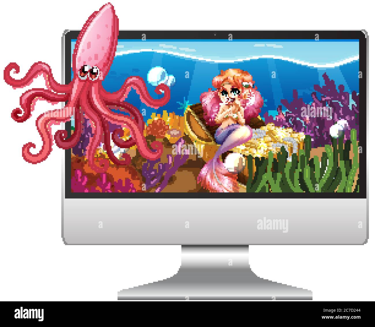 Mermaid underwater scene on computer screen illustration Stock Vector