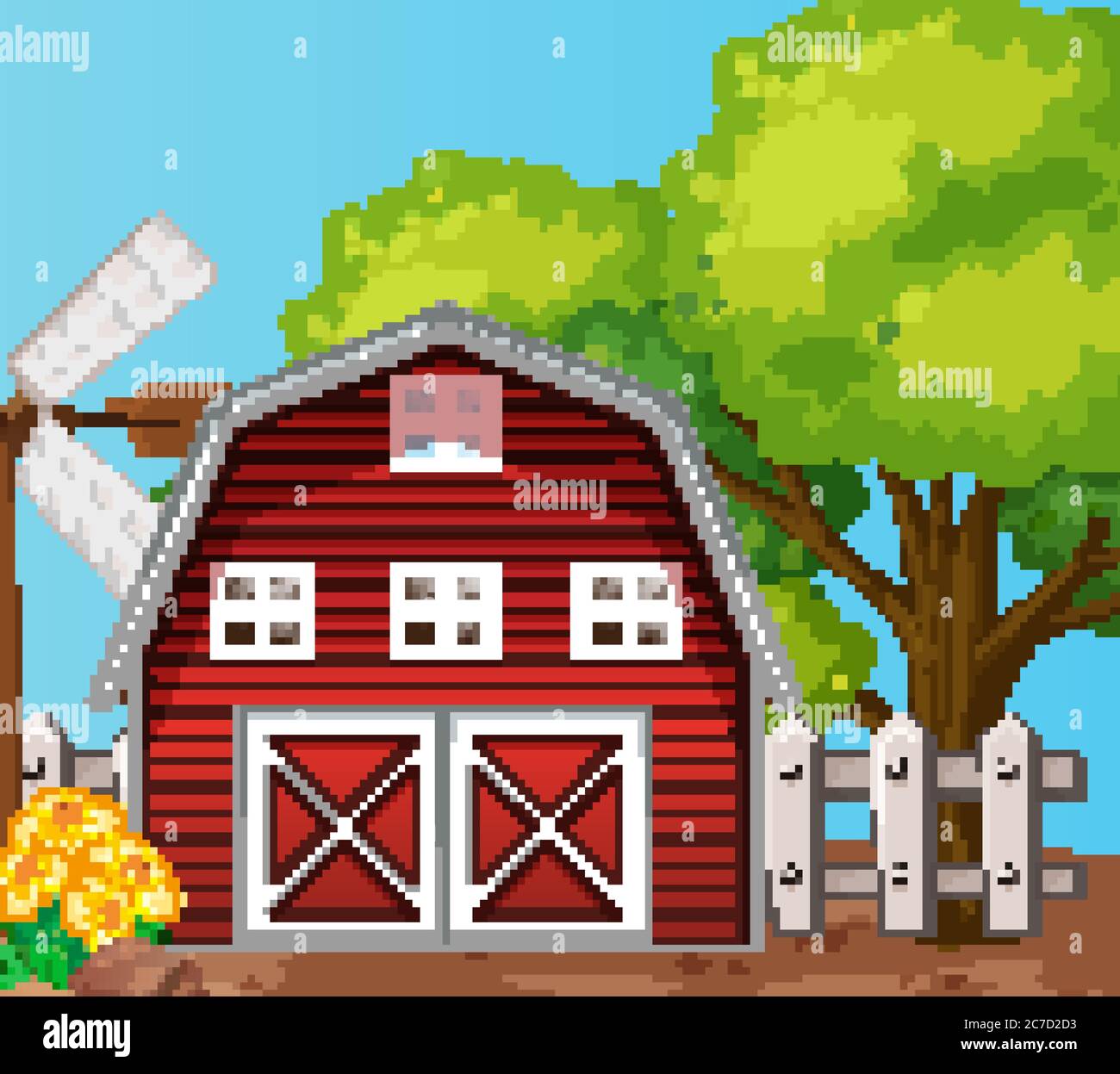 Farm in nature scene with barn and big tree illustration Stock Vector ...