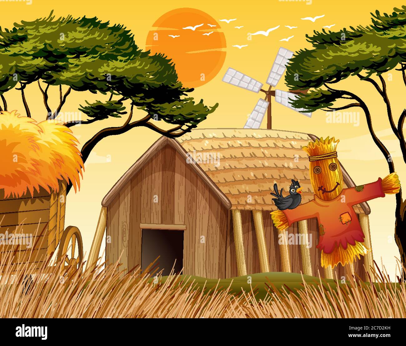 Farm scene with scarecrow and barn illustration Stock Vector Image ...