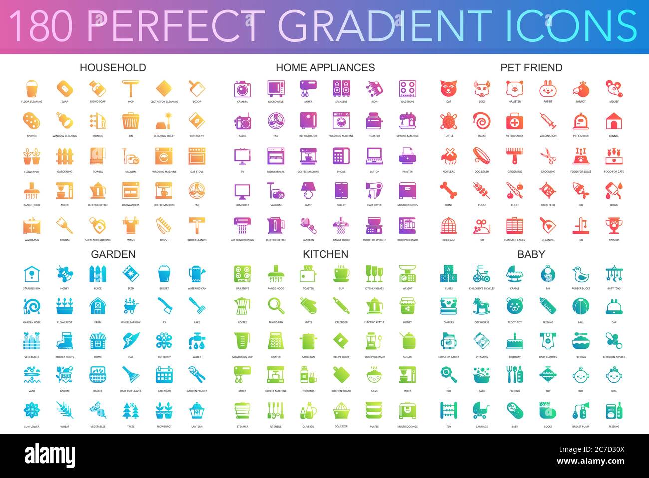 180 vector trendy perfect gradient icons set of household, home appliances, pet friend, garden, kitchen, baby Stock Vector