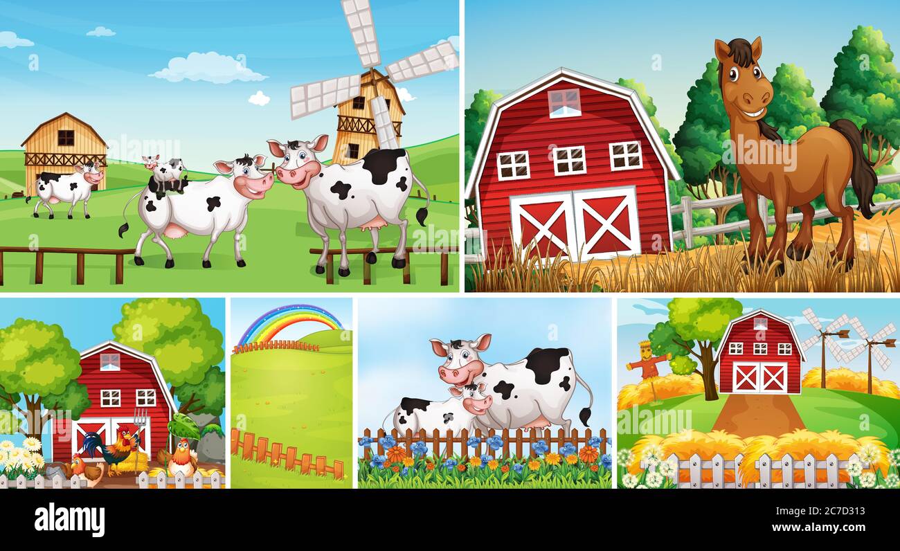 Set of different farm scenes with animal farm cartoon style ...