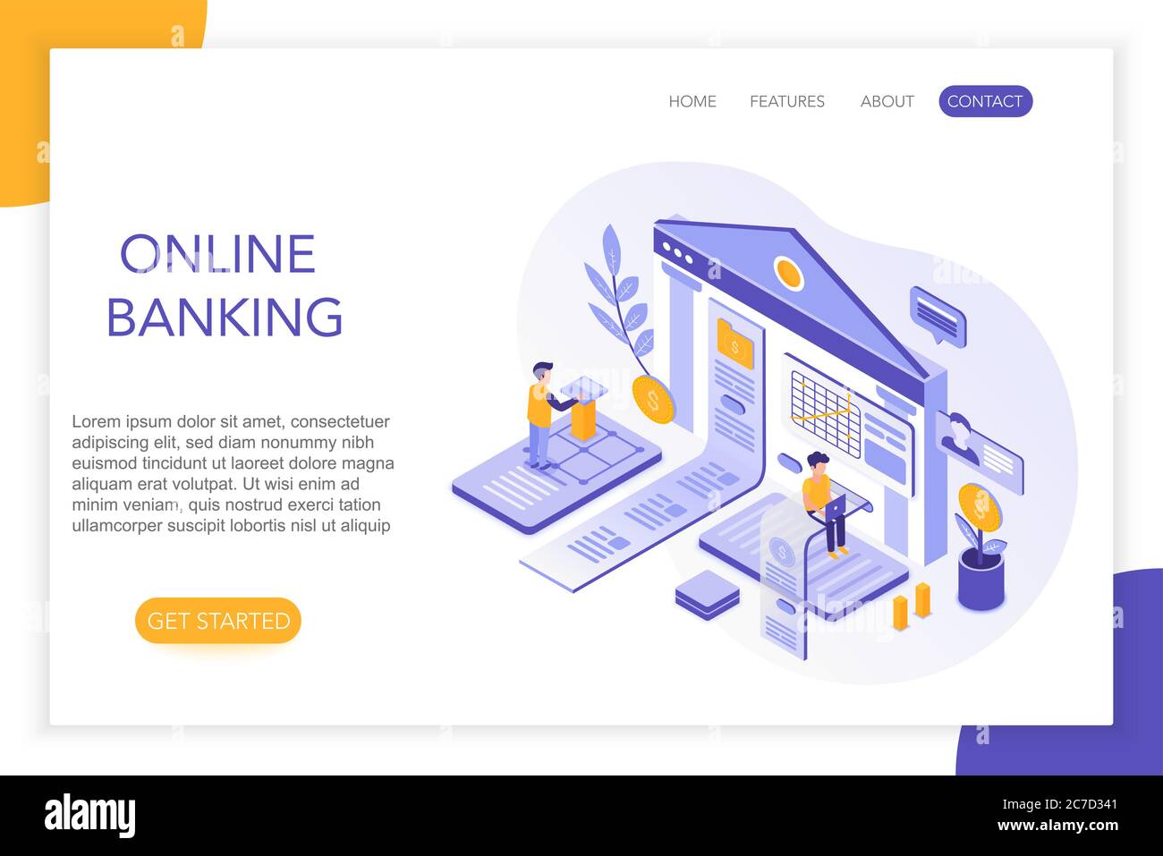 Online Banking, secure payments, bank account 3d isometric landing page template. People, virtual screen charts with statistics vector illustration Stock Vector