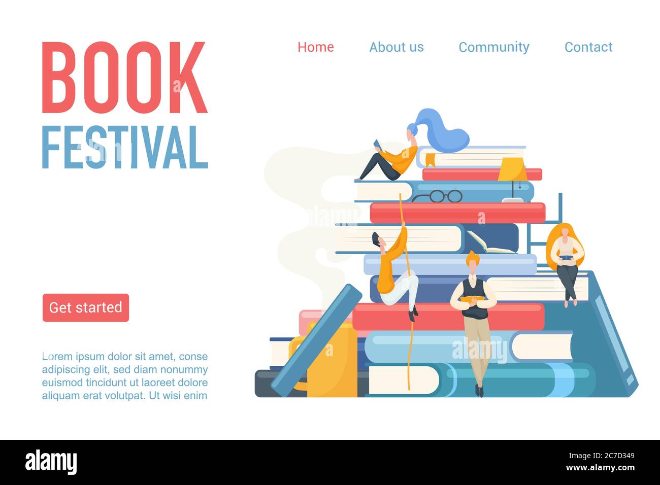 Book festival landing page poster vector illustration. Students man and woman reading, leaning and sitting on big books. Flat design for library, online learning, book store or modern education Stock Vector