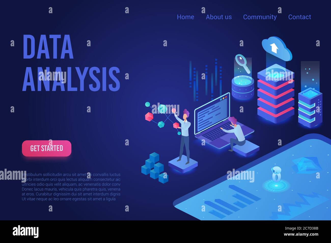 Data analysis ultraviolet light isometric web vector template. Web analytics, marketing service. Big data, servers with charts and graphs. Business financial research. Database, data storage. Statistics analyzing Stock Vector