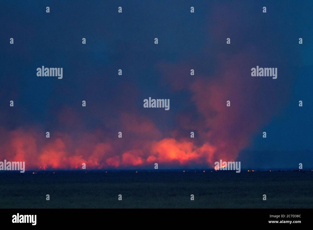 During the dry season bushfires can rage uncontrolled for days through the grassy floodplains in Katavi National Park. Winds calm at night Stock Photo
