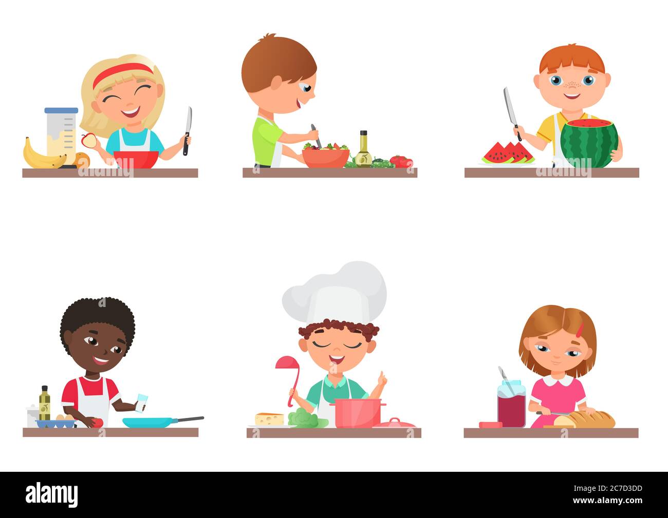 Cute cartoon kids preparing food on the kitchen set isolated vector illustration Stock Vector