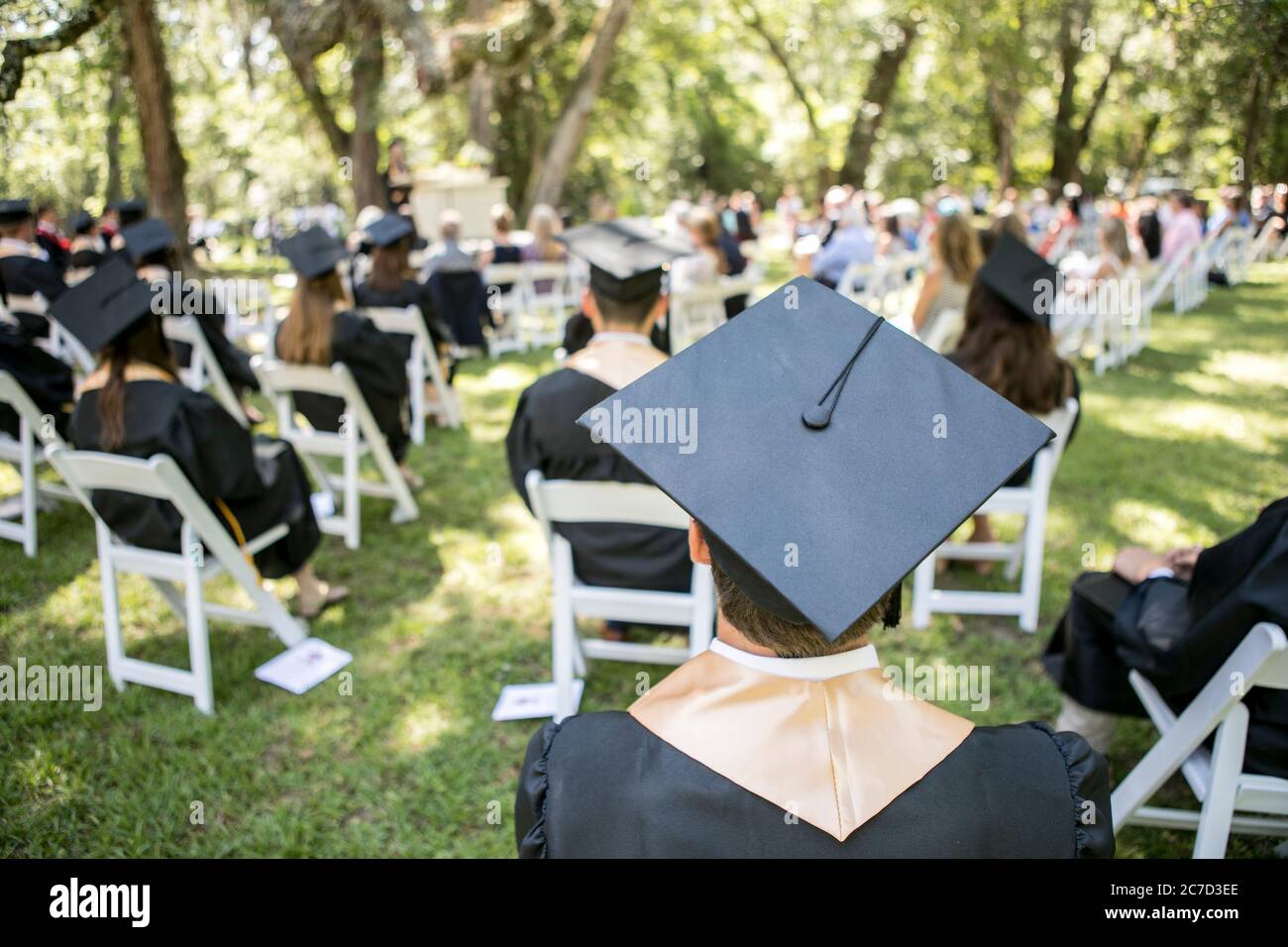 Outdoor school graduation with students at a distance, concept for ...