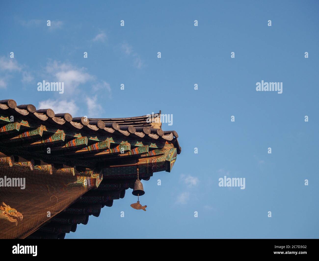 Bongeunsa, 1200 years old Buddhist temple in Gangnam gu, Seoul, South Korea - Colorful and fancy eaves of the temple. Roof with vivid color. Stock Photo