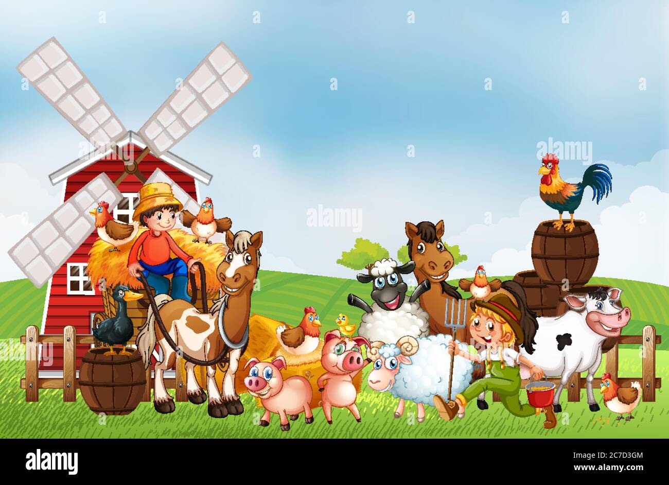 Farm in nature scene with windmill and animal farm illustration Stock ...