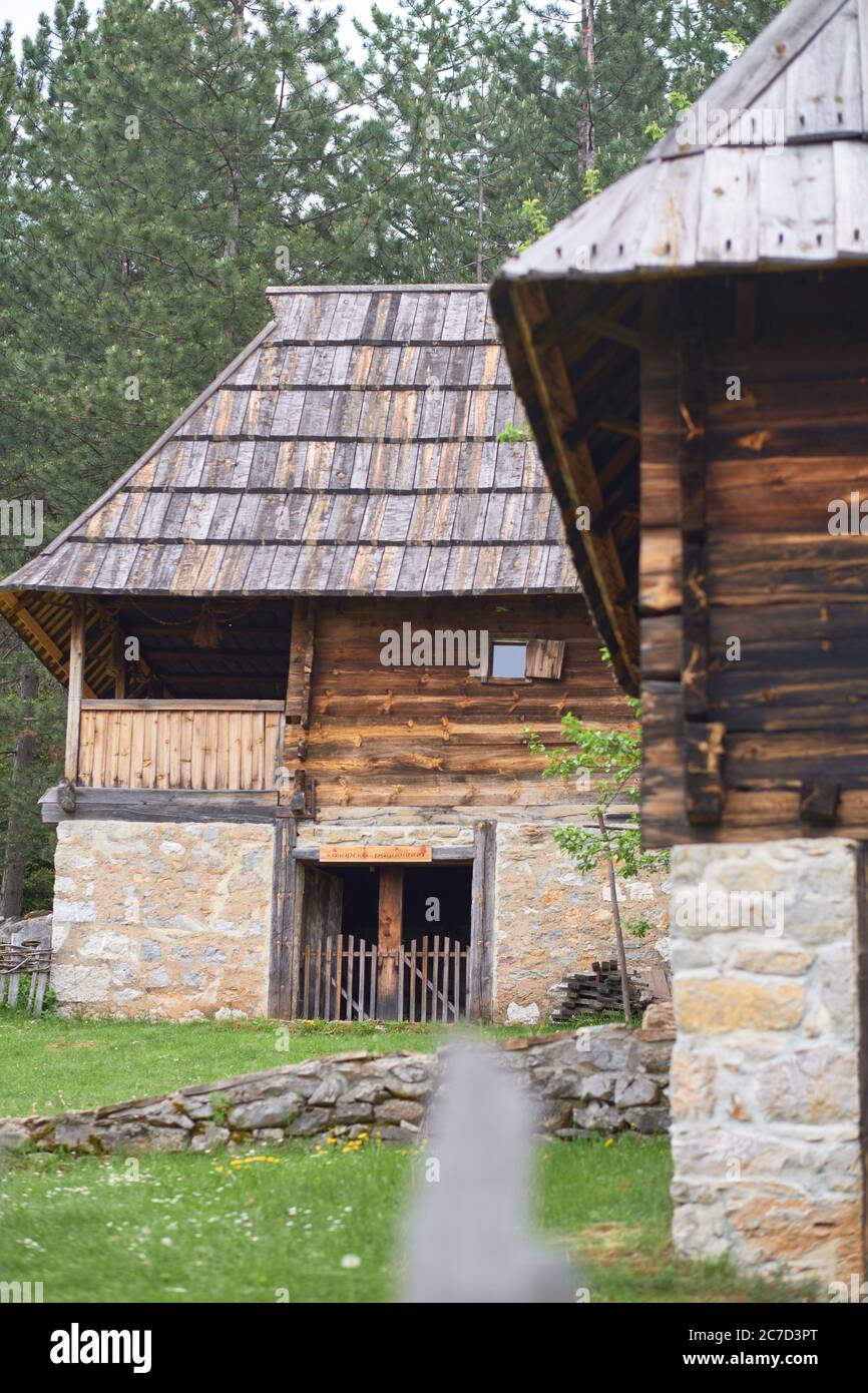 Old Houses in Sirogojno Ethno Village and Open-Air Museum, Serbia Stock Photo