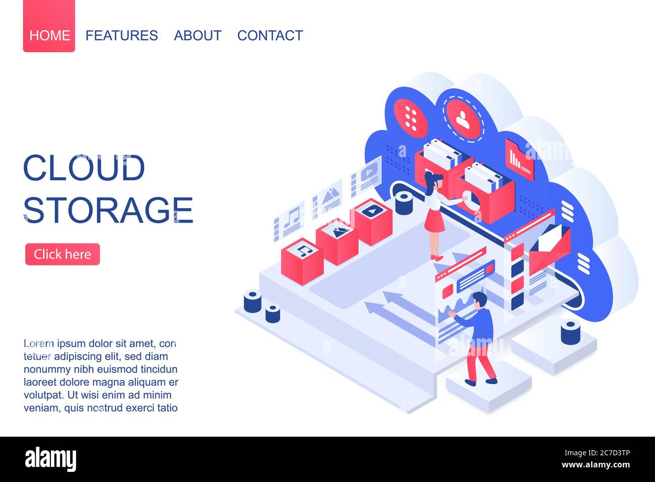 Cloud storage isometric vector landing page template. Data backup and web hosting website design layout. Digital server, database and cloud computing services 3d concept. Data uploading and webstorage Stock Vector