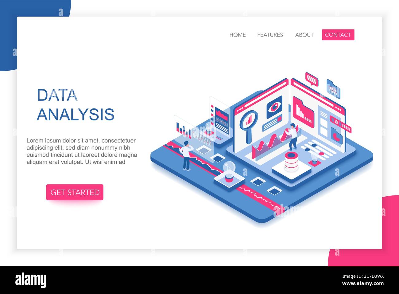 Data Analysis, big data analytics modern 3d isometric vector landing page template. People interacting with virtual screen charts and analyzing statistics Stock Vector