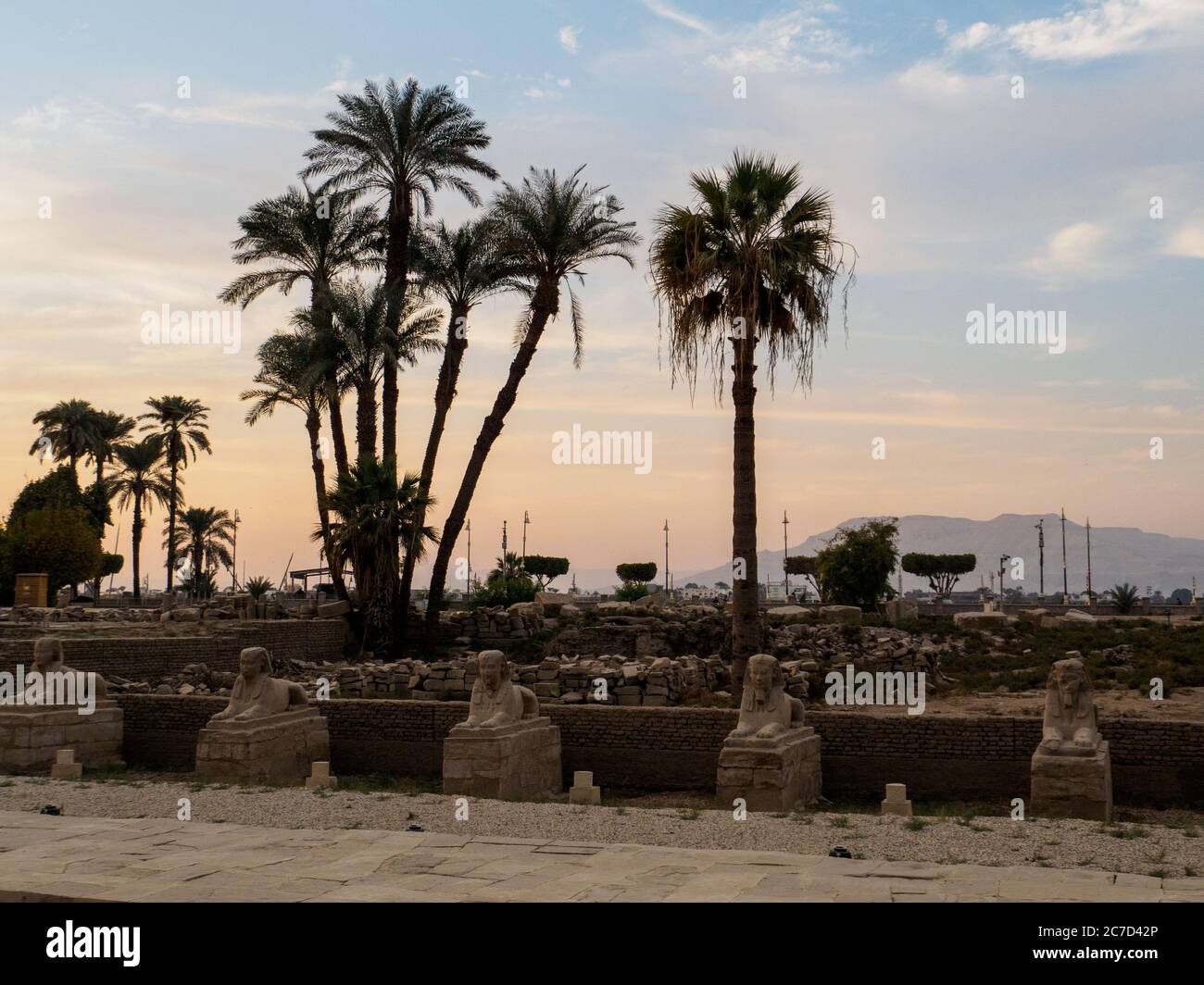 a look onto the nile from luxor temple and some sphinxes Stock Photo