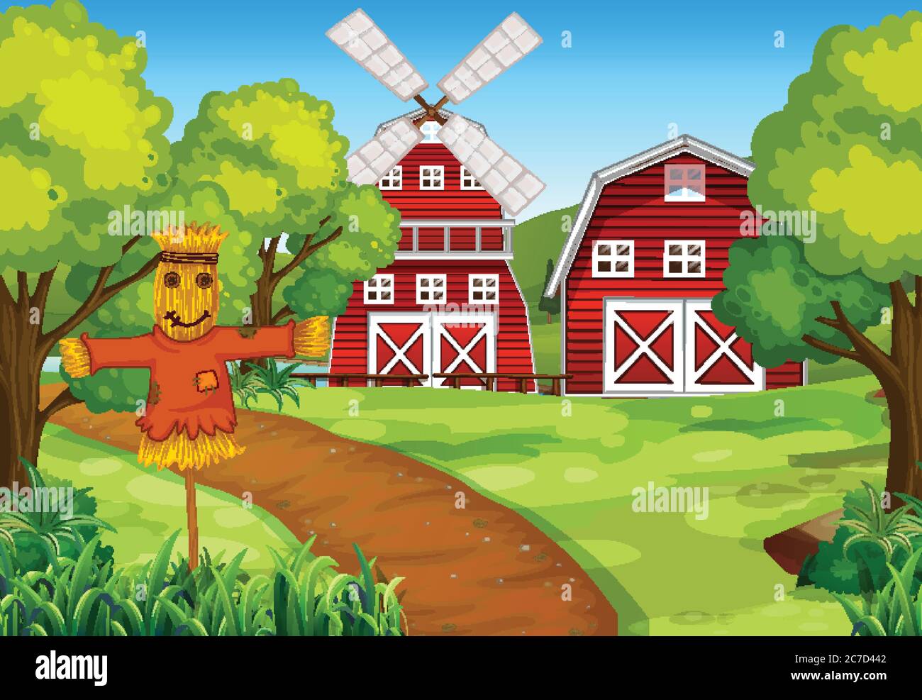 Farm scene in nature with barn and windmill and scarecrow illustration ...