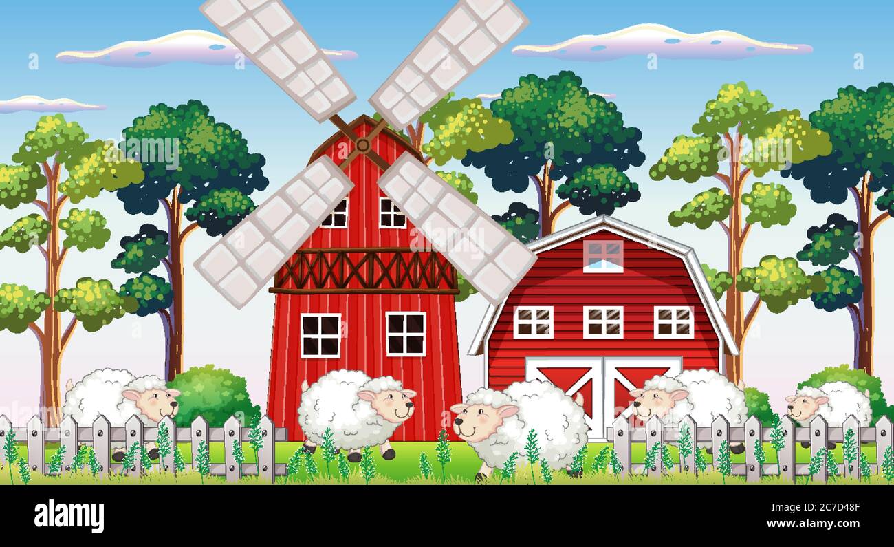 Farm scene in nature with barn and windmill and sheeps illustration ...