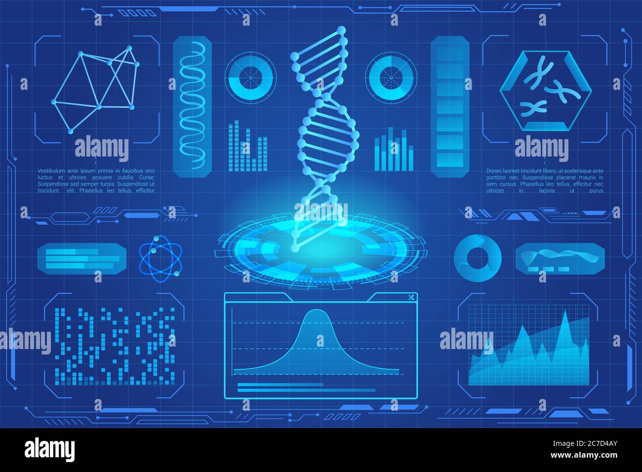 DNA modern neon light hologram vector illustration. Microbiology, genetic biotechnology, gene cell. DNA data graphs, charts. Genetic testing. Innovation technology. Stock Vector