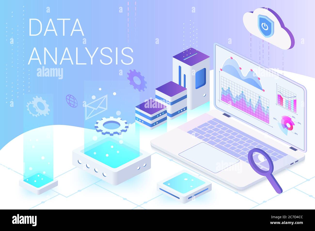 Data analysis isometric web banner vector template. Web analytics and marketing metrics service. Big data, Iot 3d concept. Business and financial research. Database, data storage. Statistics analyzing Stock Vector