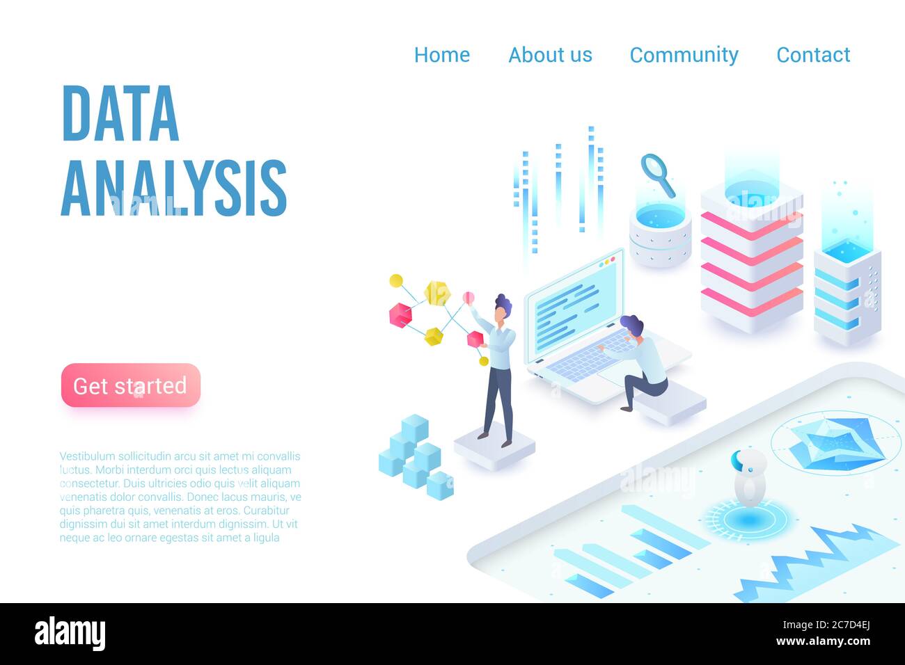Data analysis and visualization isometric landing page vector template. Big data, statistics, web analytics and website traffic webpage design layout. Programming, IT industry 3d concept illustration Stock Vector