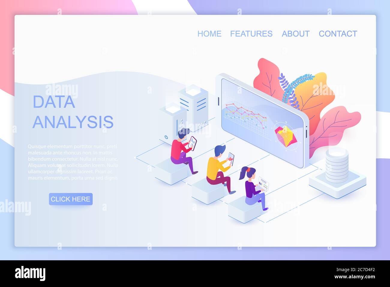 Web analytics isometric landing page vector template. Big data analysis website design layout. Usability testing and user experience 3d concept illustration. App, application development Stock Vector