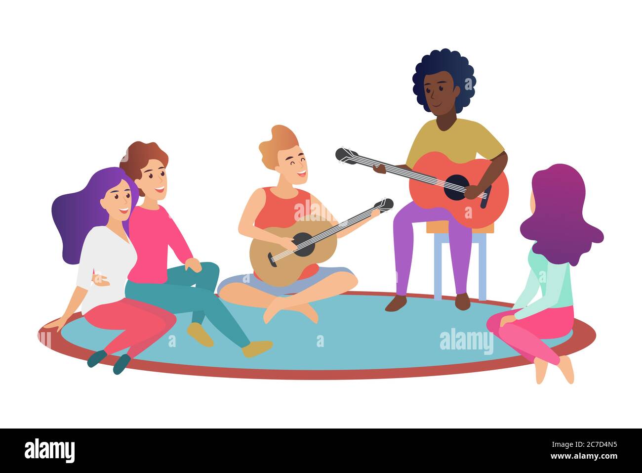 Group of cheerful young friends playing guitars and singing songs while spending time together in weekend cartoon vector illustration Stock Vector