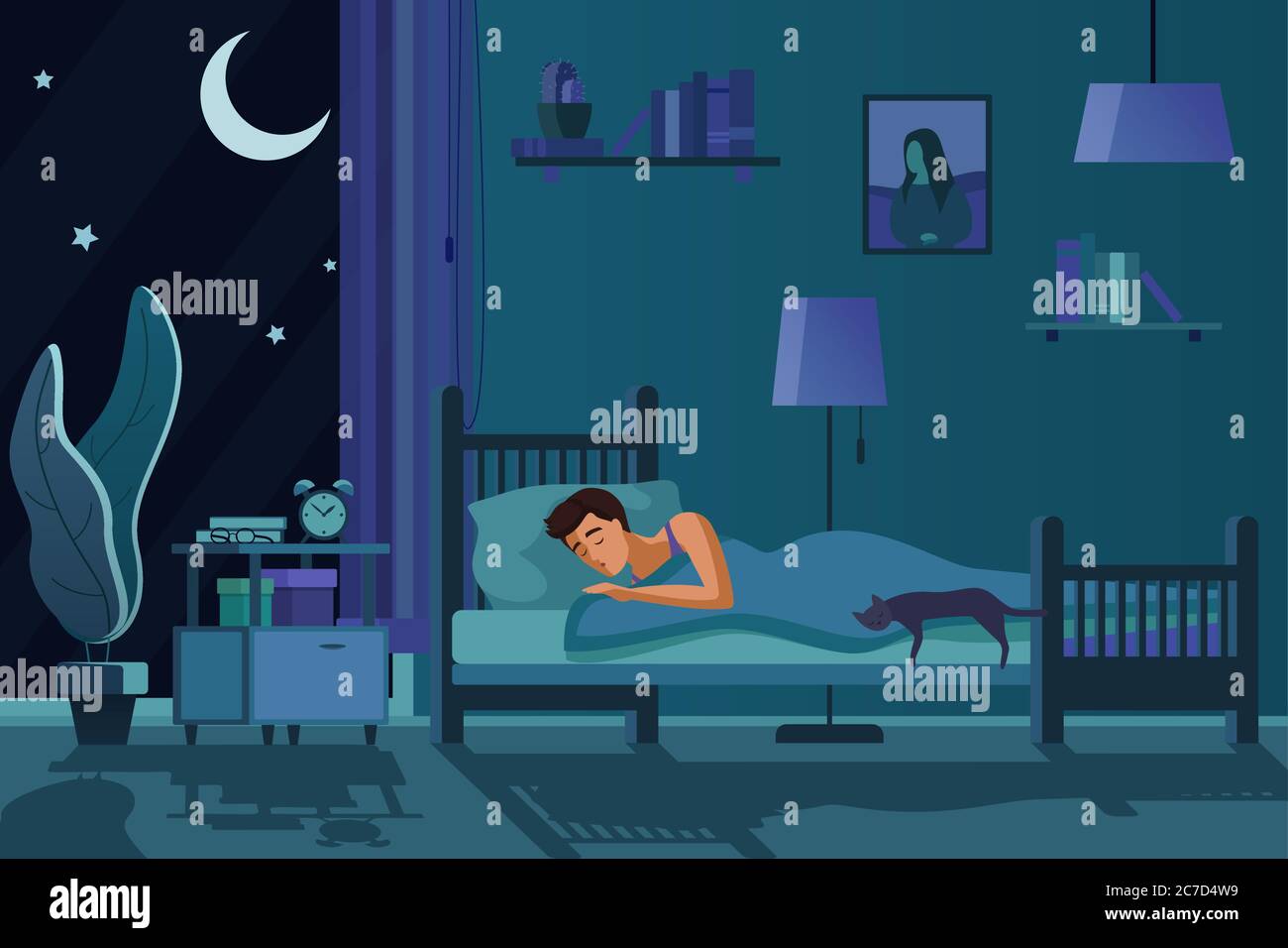 Young tired man sleeping in bed covered with quilt. Student male sleep at  night in dark bedroom interior cartoon flat vector illustration Stock  Vector Image & Art - Alamy