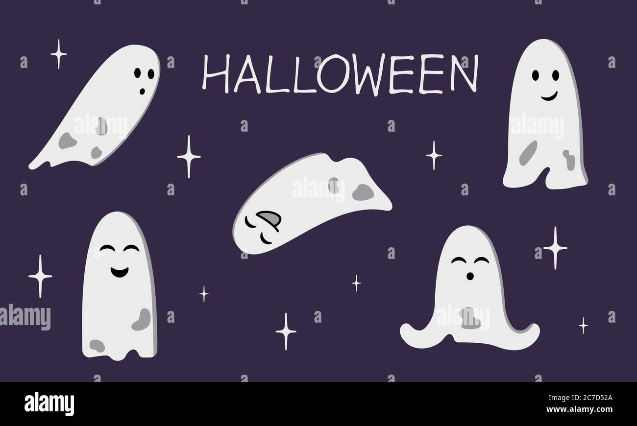 Fun Ghost Poster Cute funny ghosts isolated on dark purple background. Collection of ...