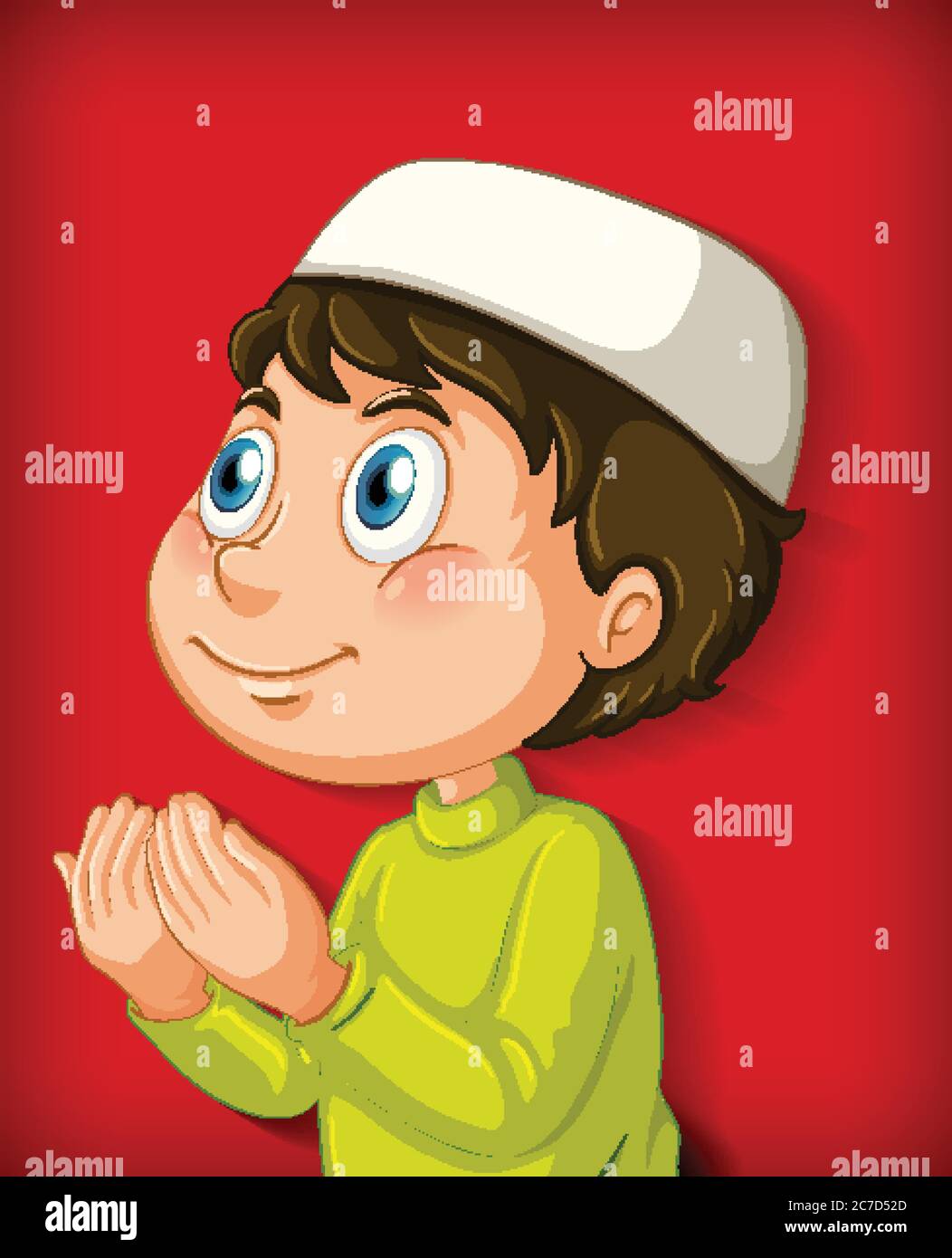 Muslim boy praying on colour gradient background illustration Stock Vector