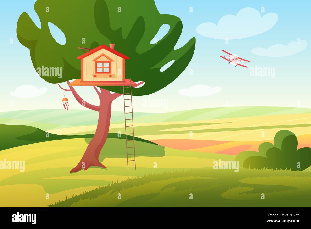 Stylized bright summer rural fields sunny panoramic landscape with a wooden children tree house and ladder, plane. Colorful cartoon style vector illustration Stock Vector