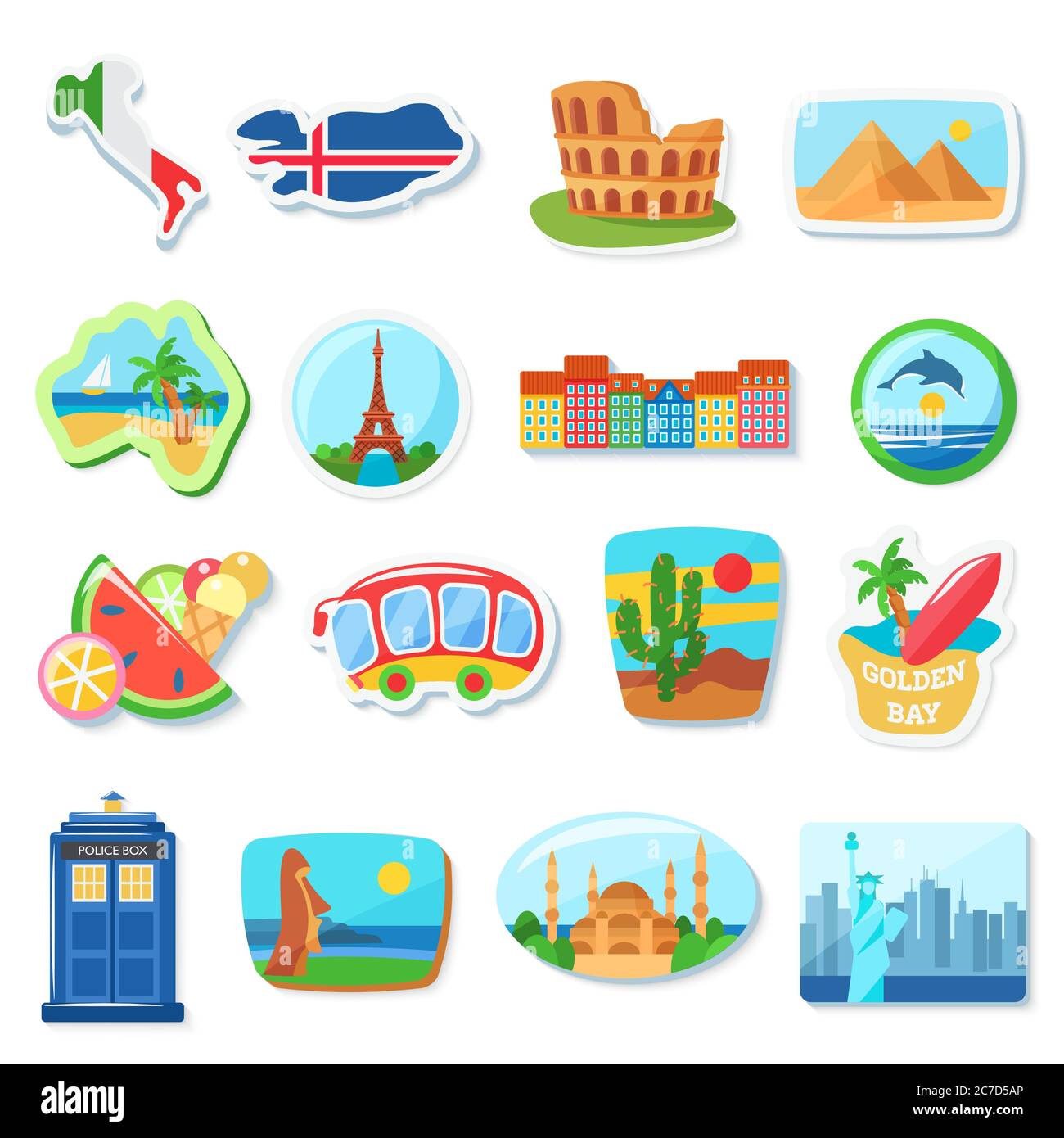Fridge magnets flat vector illustration. Abroad, foreign countries traveling souvenirs. Famous European landmarks and tourist attractions stickers vector cartoon illustration set Stock Vector