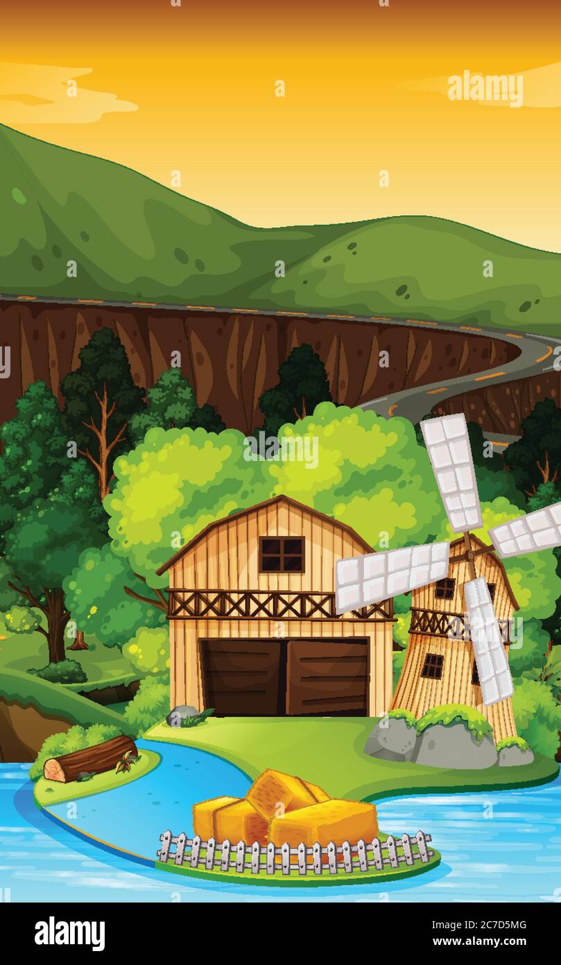 Farm scene in nature with barn and windmill and river illustration ...