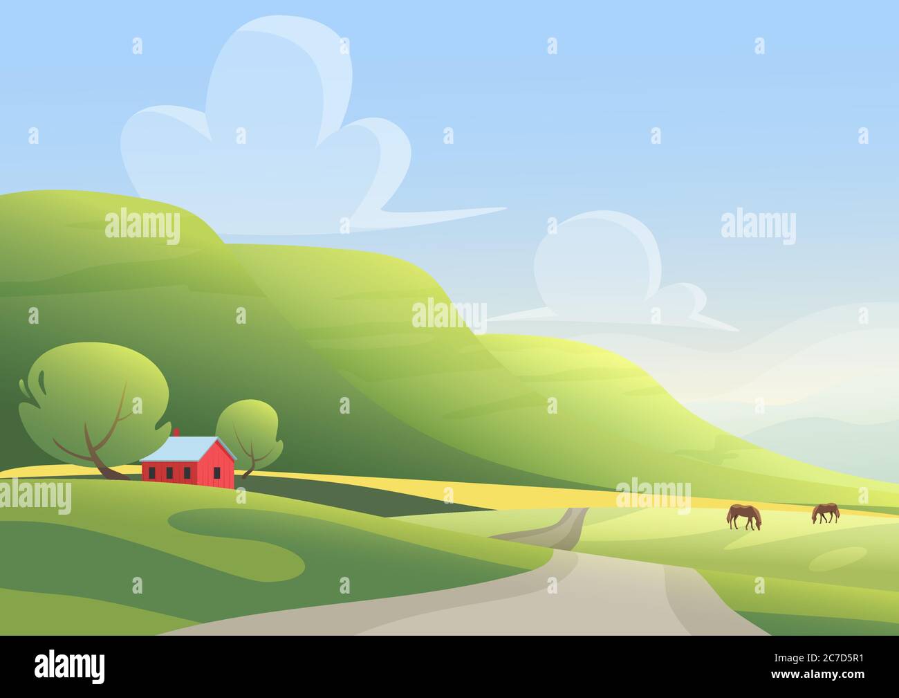 Red cottage and grazing horses on sides of countryside road against green hills and cloudy blue sky. Cartoon landscape vector illustration Stock Vector