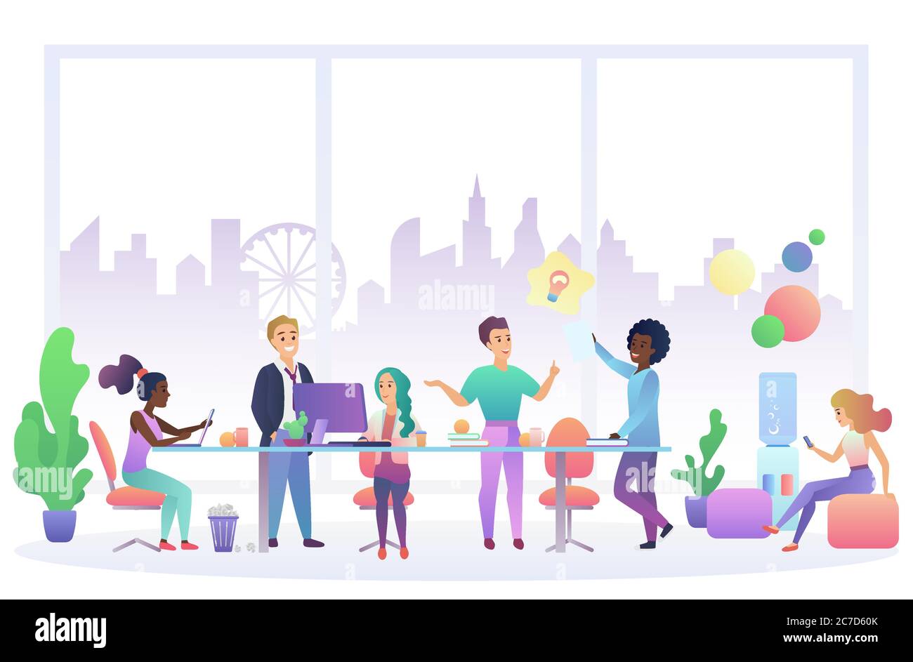 Office work flat vector illustration. Colleagues brainstorming cartoon characters. Business team working together at desk using laptops. Teamwork process, coworking. Coworkers meeting Stock Vector