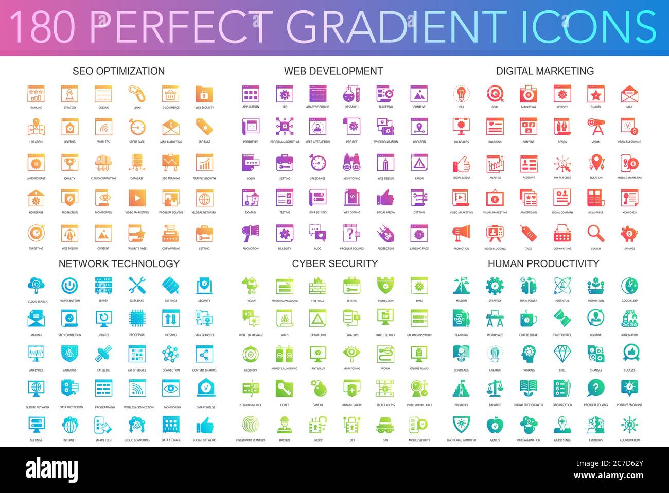 180 trendy perfect gradient icons set seo optimization, web development, digital marketing, network technology, cyber security, human productivity Stock Vector