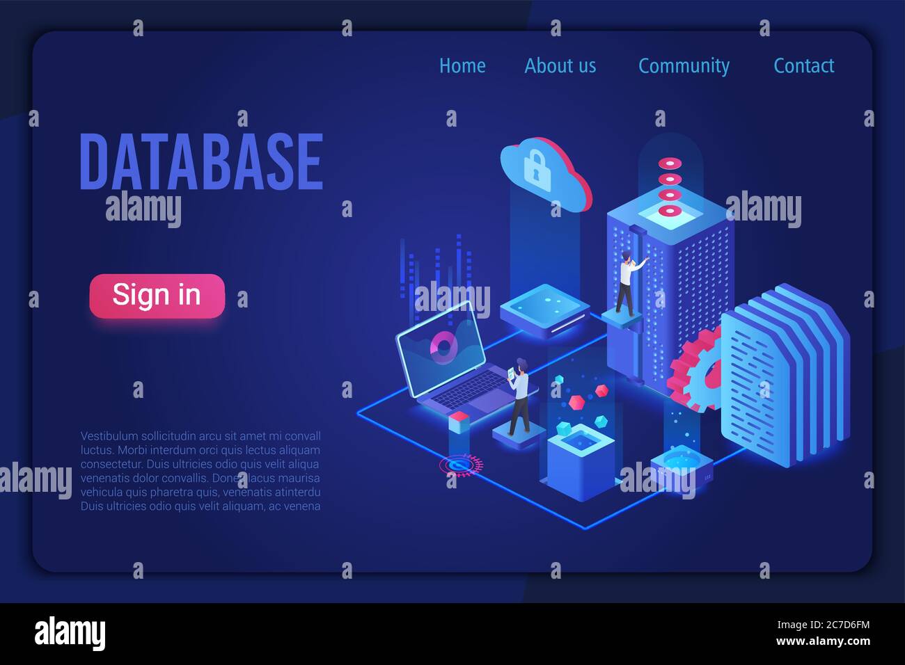 Database landing page dark neon light isometric vector template. Internet of things, data server storage 3d web banner. Telecommunication, cloud computing service website homepage. Stock Vector