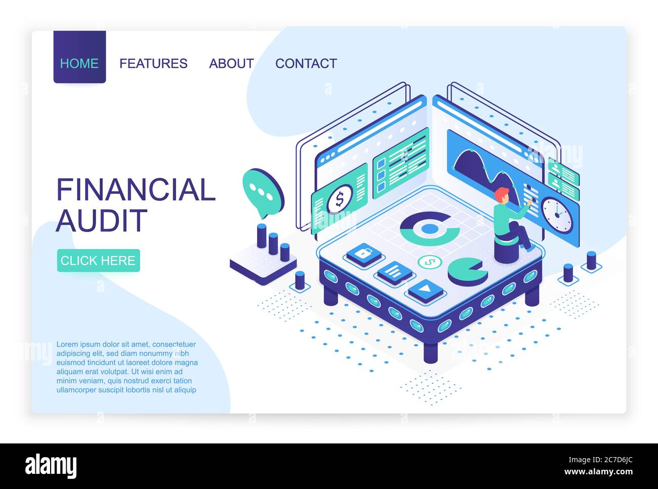 Financial audit landing page isometric vector template. Data analysis, business analytics web banner 3d concept. Financial consulting, accounting and bookkeeping website homepage layout Stock Vector