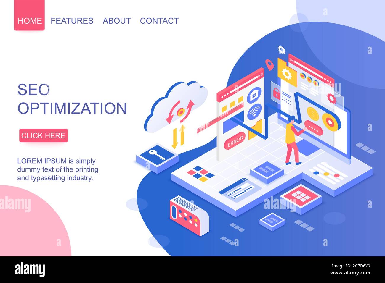 SEO optimization isometric vector landing page template. Digital marketing tool webpage design layout. Web development and website customization services 3d concept. Programming, IT industry Stock Vector