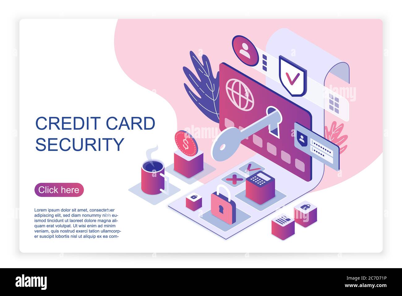 Isometric landing page template representing credit card security