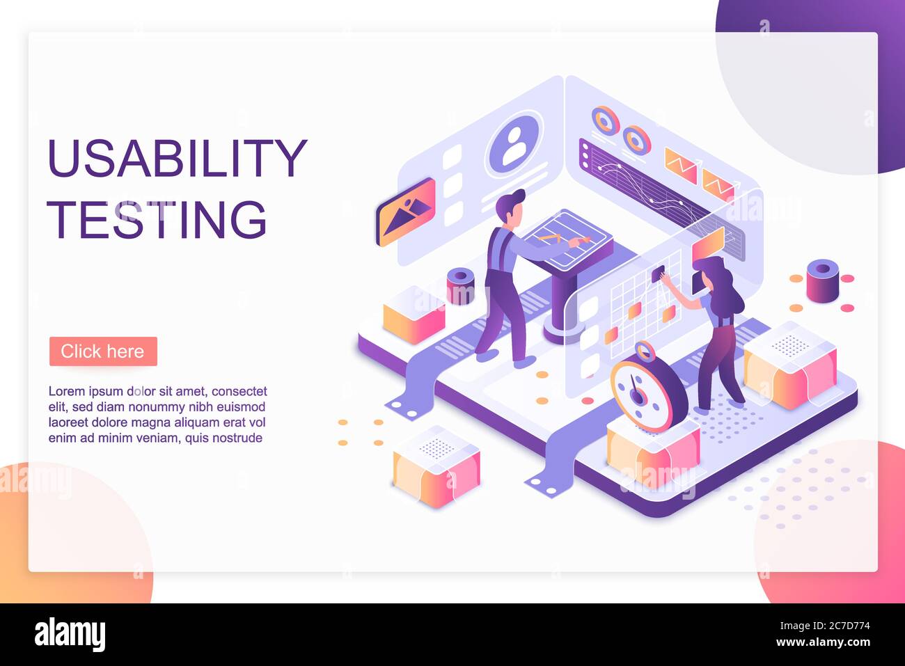 Usability testing isometric landing page vector template. Website optimization and customization services webpage design layout. User experience, UI, UX. App, software development 3d concept Stock Vector