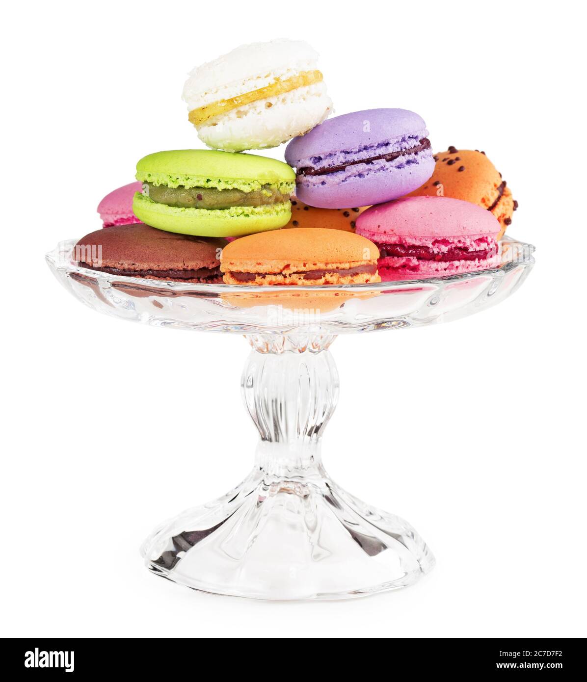 macaroons on a glass cake stand isolated on white Stock Photo