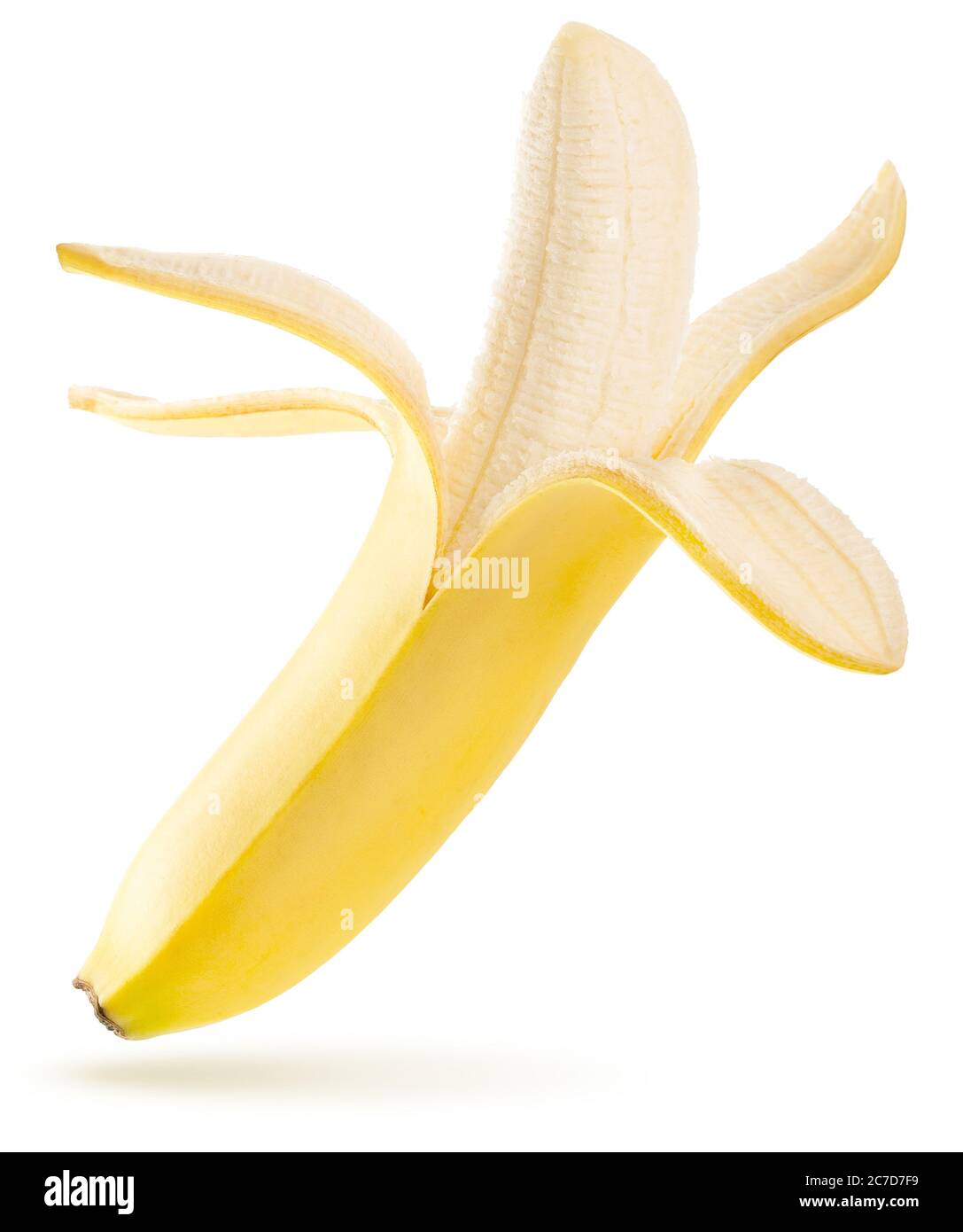open ripe banana flying isolated on white Stock Photo