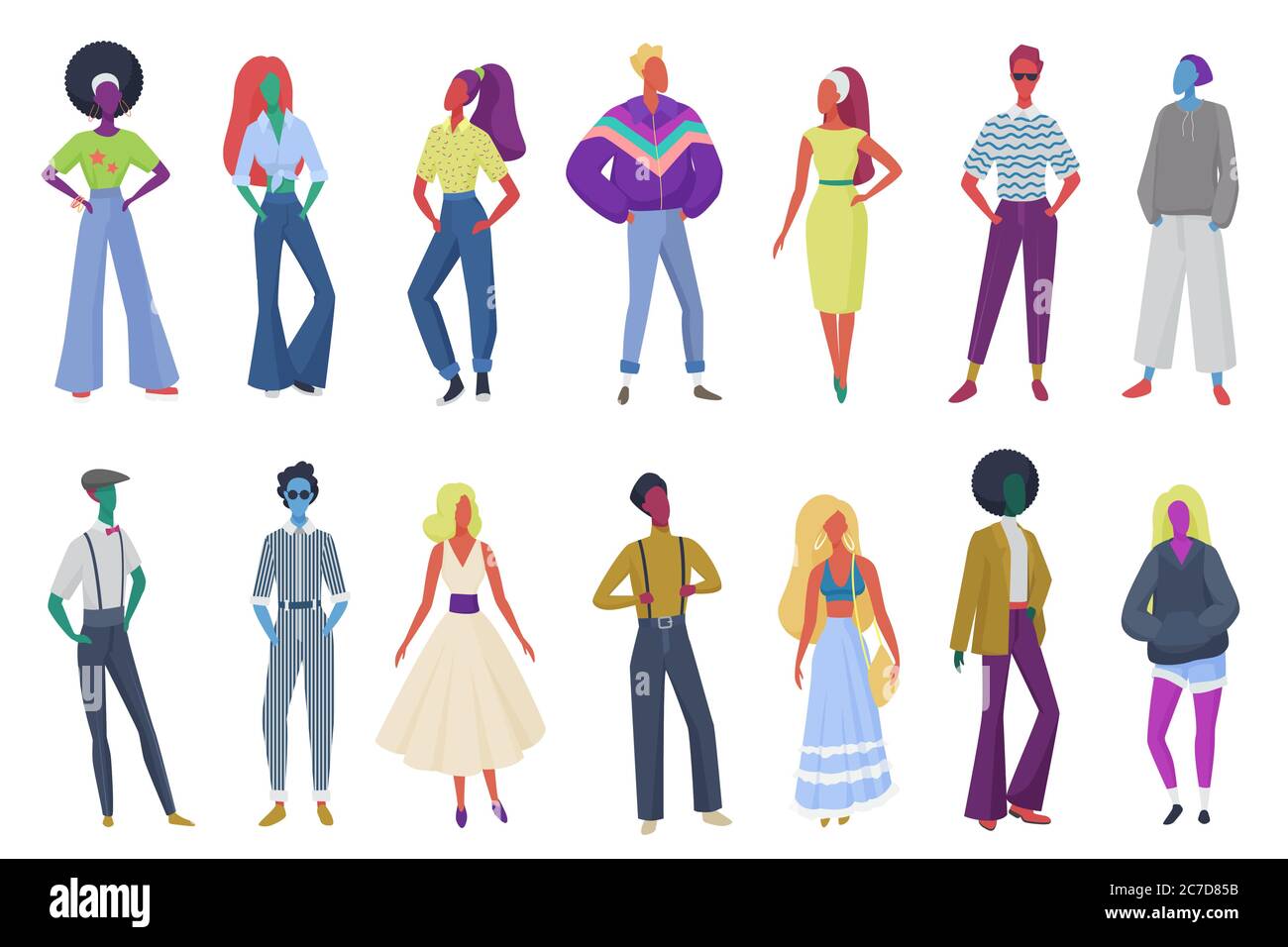 Group of minimalistic abstract retro fashion people wearing vintage clothes. Men and women in 60s, 70s 80s style clothing at retro disco party vector illustration Stock Vector