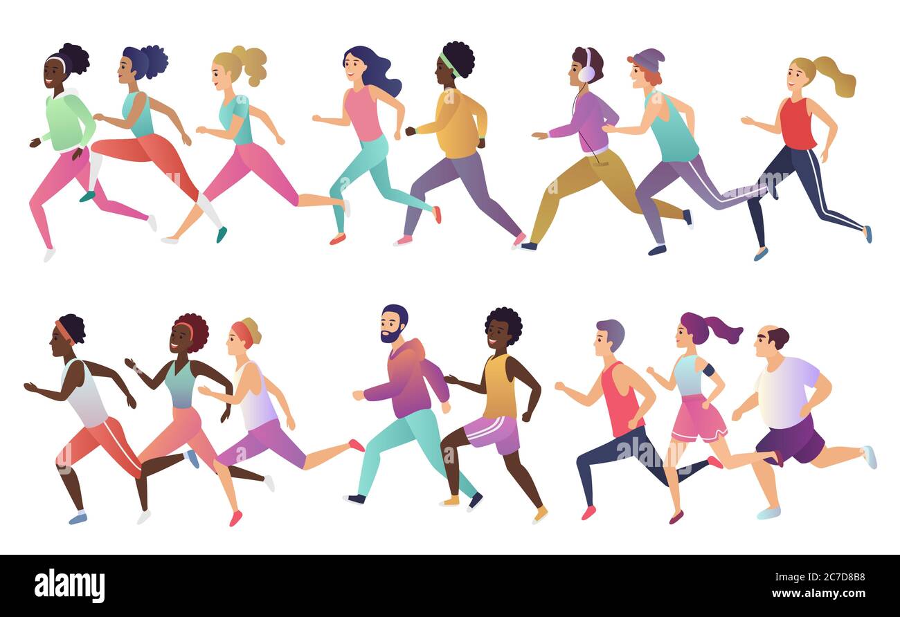 Group of isolated happy smiling healthy strong young fit multiethnic running men and women wearing stylish sports clothes. Active lifestyle promotion vector illustration Stock Vector