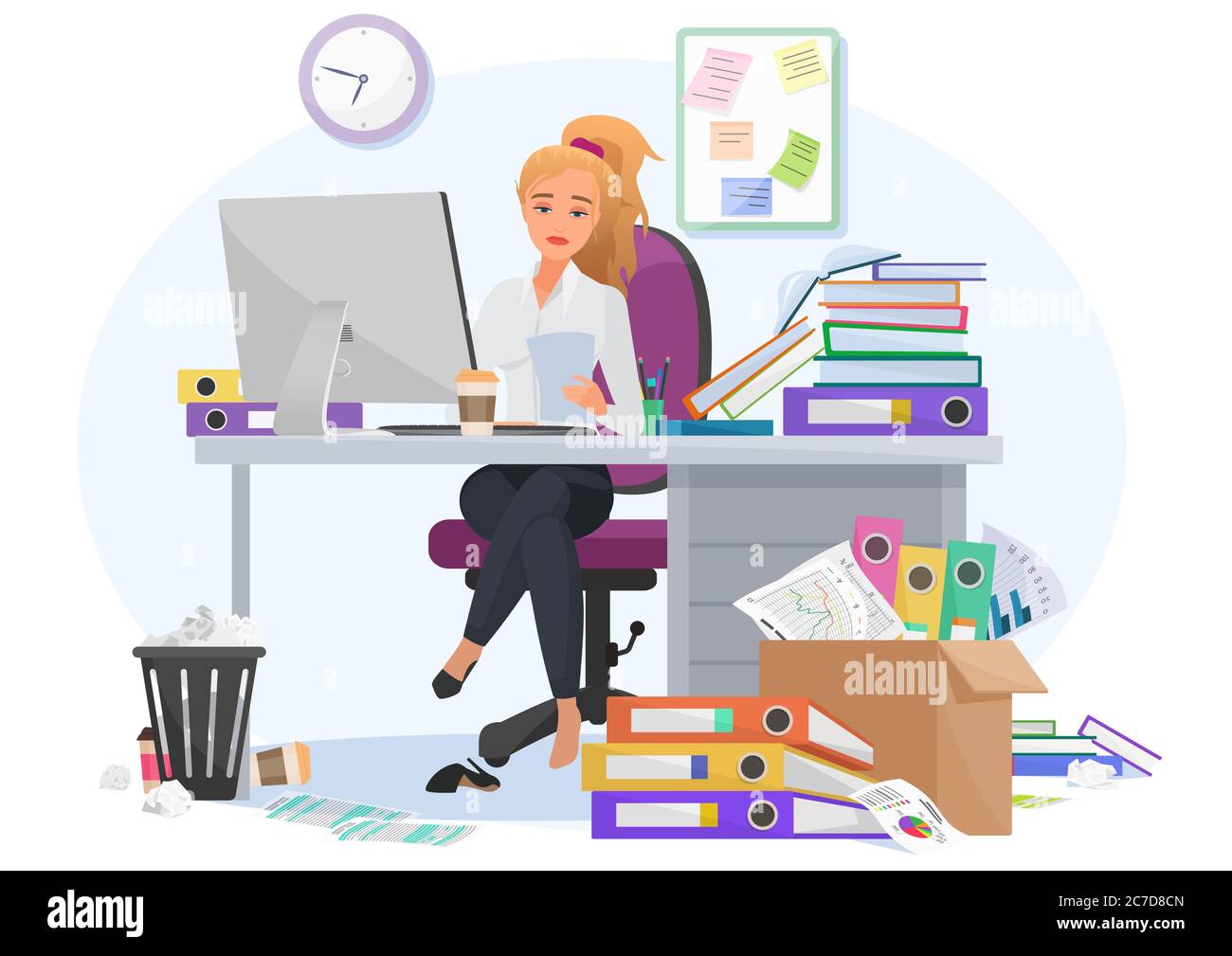 Exhausted overwhelmed by work young female employee stays late at work